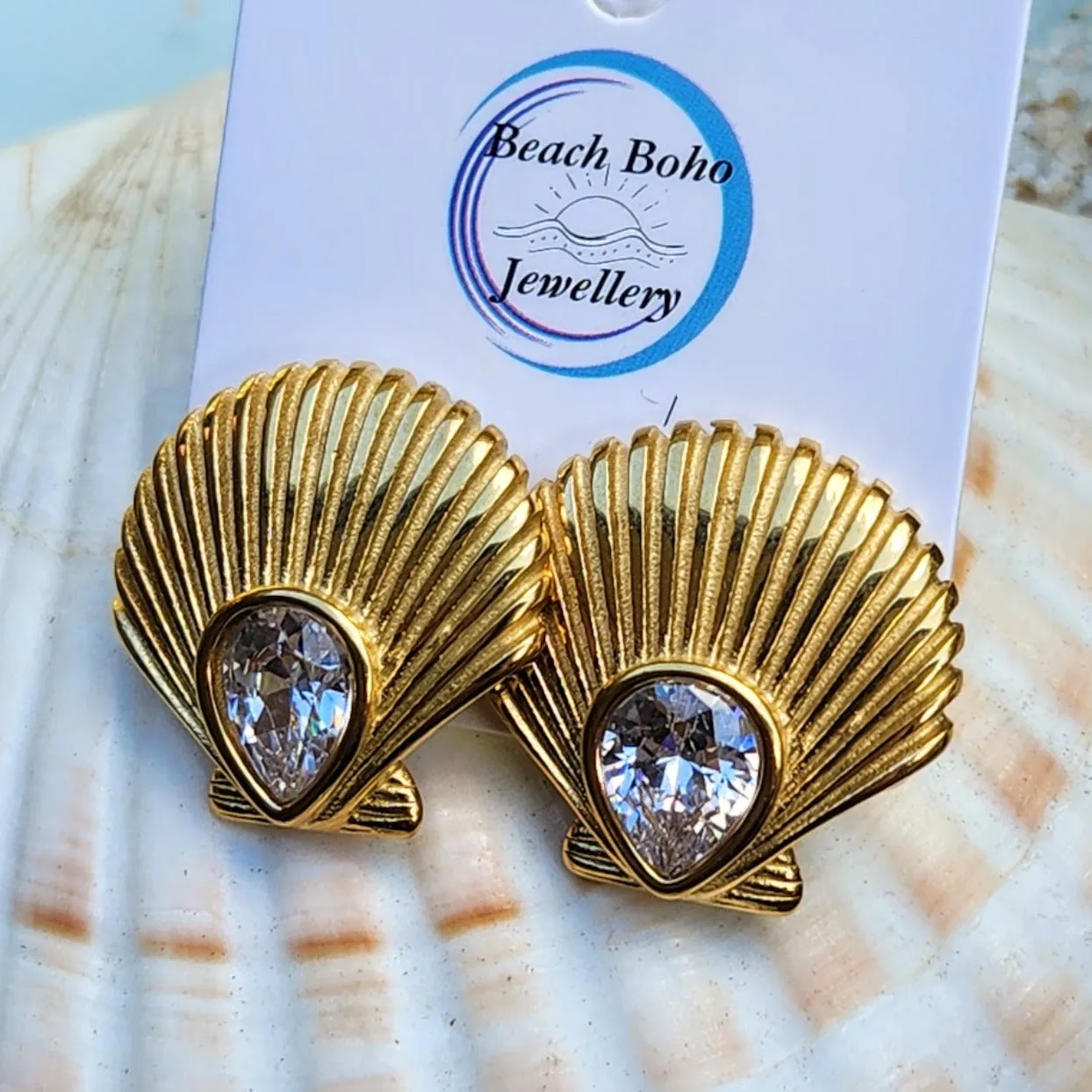 TEARDROP SHELLS - 18K GOLD WATERPROOF STUD EARRINGS