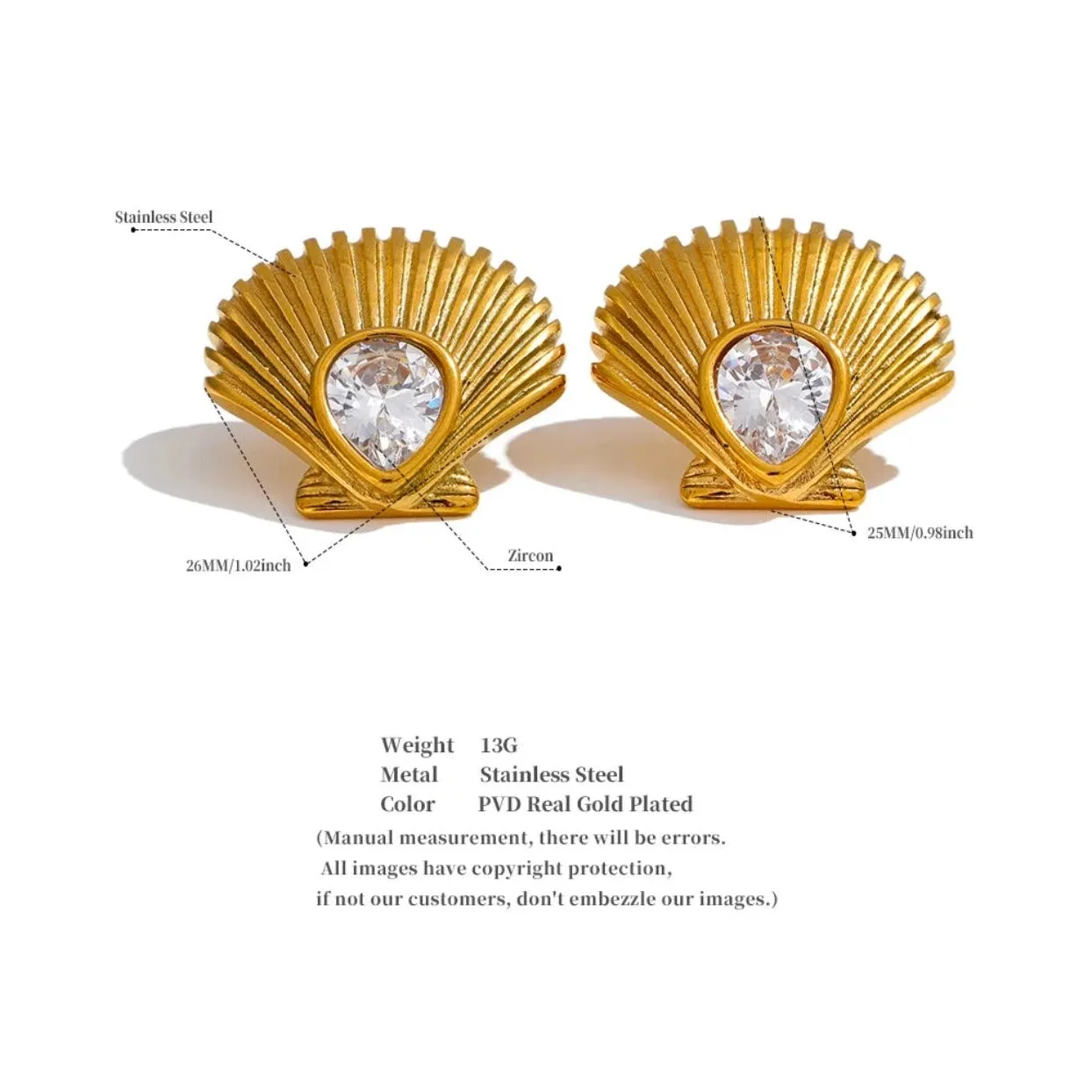 TEARDROP SHELLS - 18K GOLD WATERPROOF STUD EARRINGS