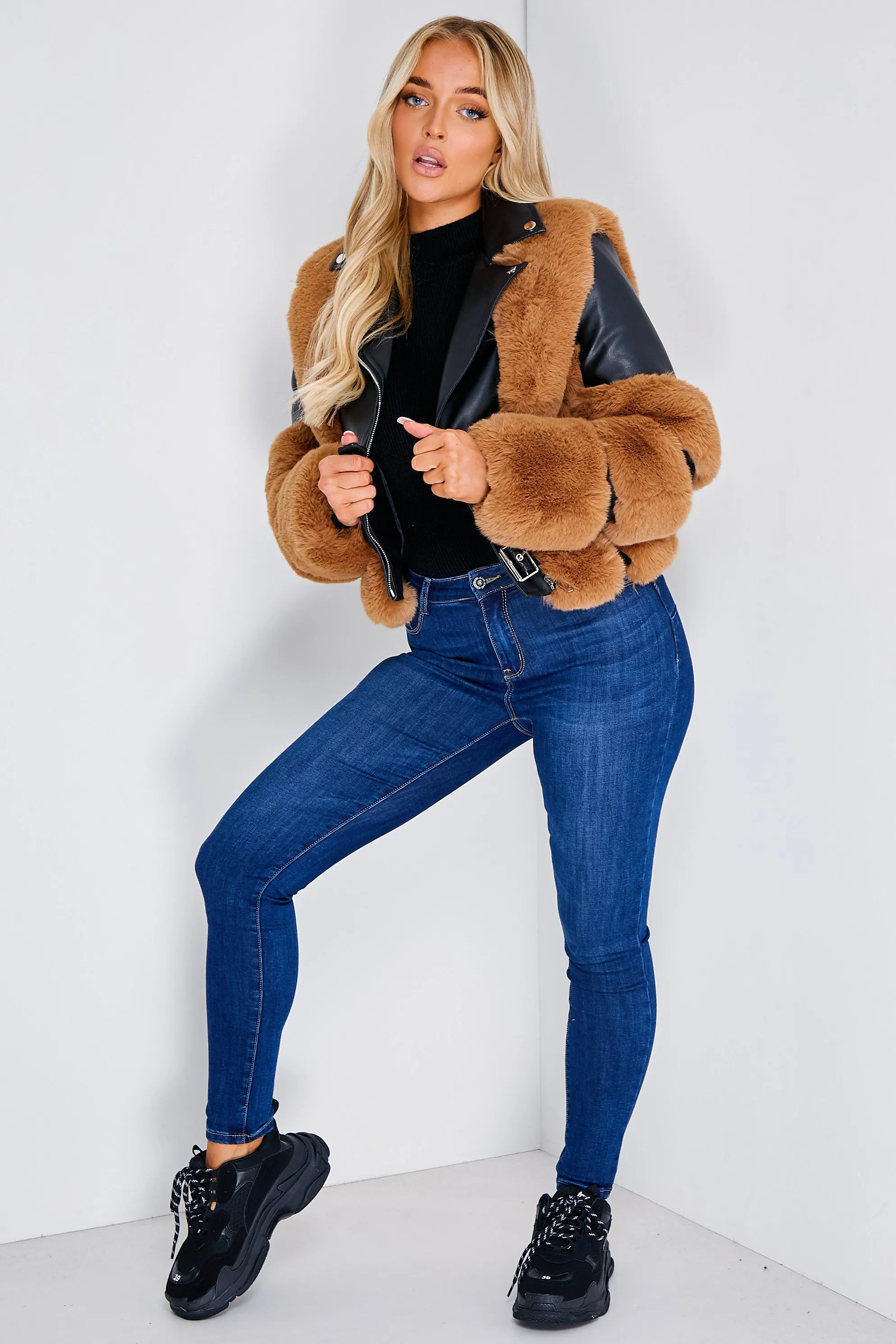 Tegan Black and Camel Faux Fur PU Aviator Jacket