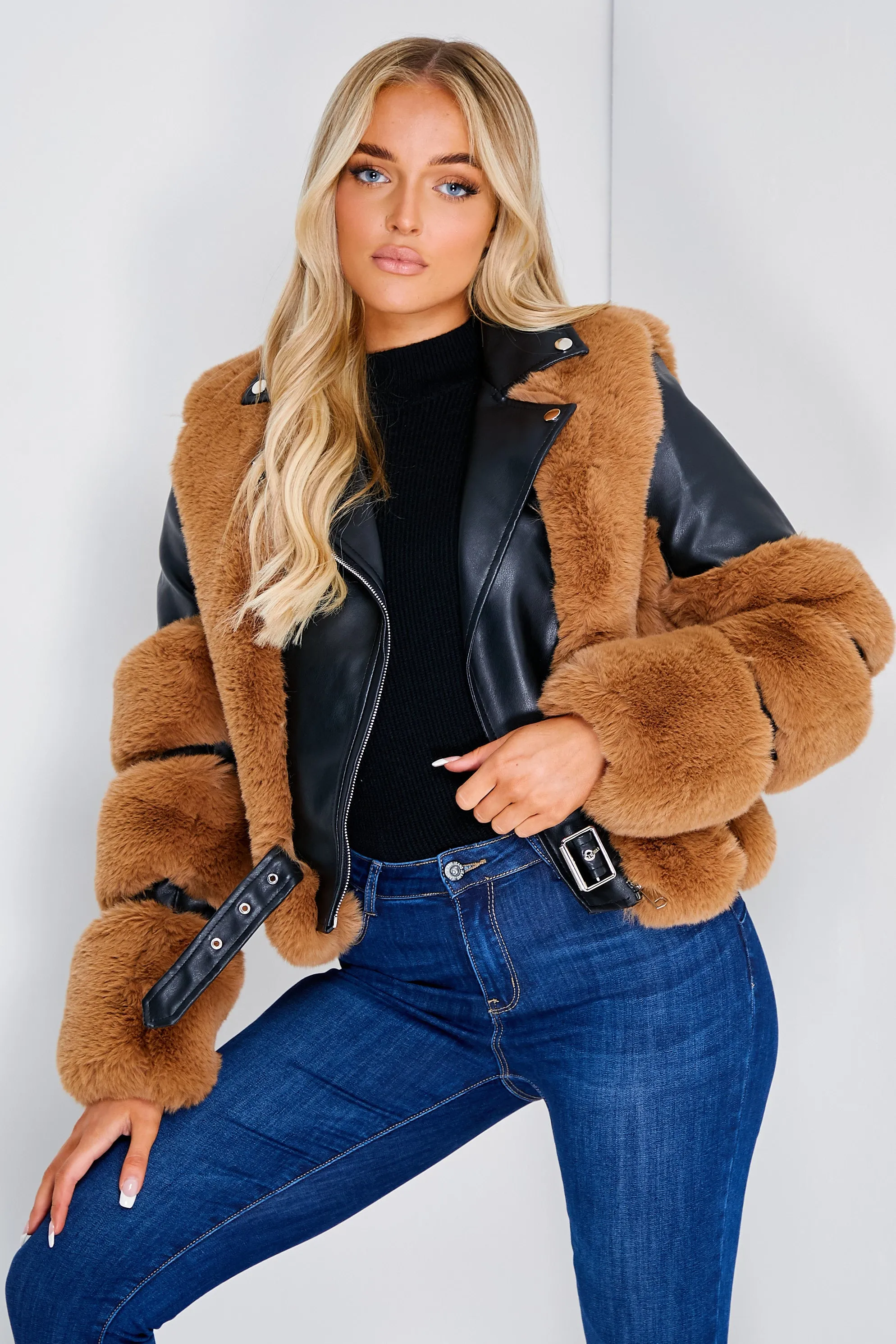 Tegan Black and Camel Faux Fur PU Aviator Jacket