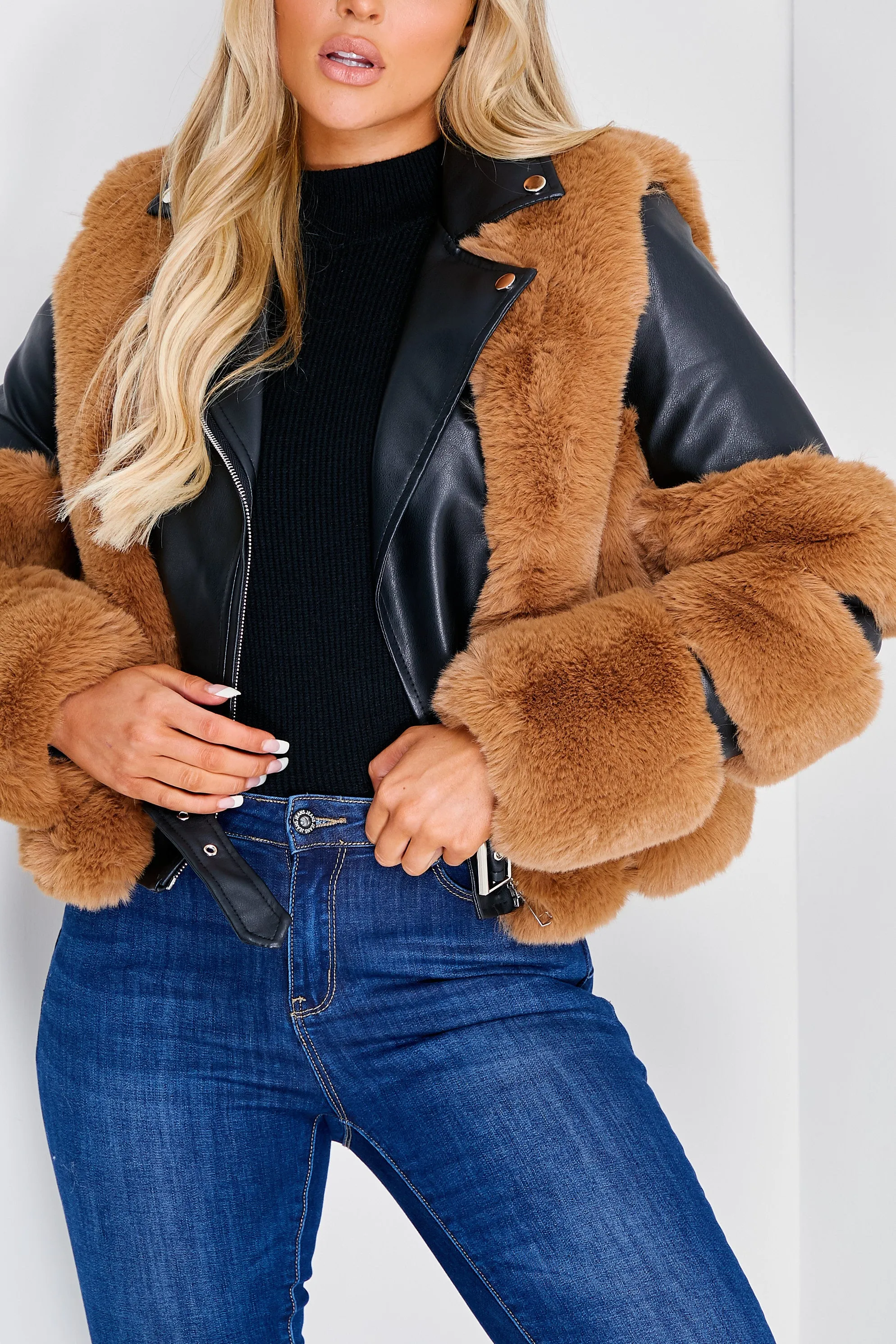 Tegan Black and Camel Faux Fur PU Aviator Jacket