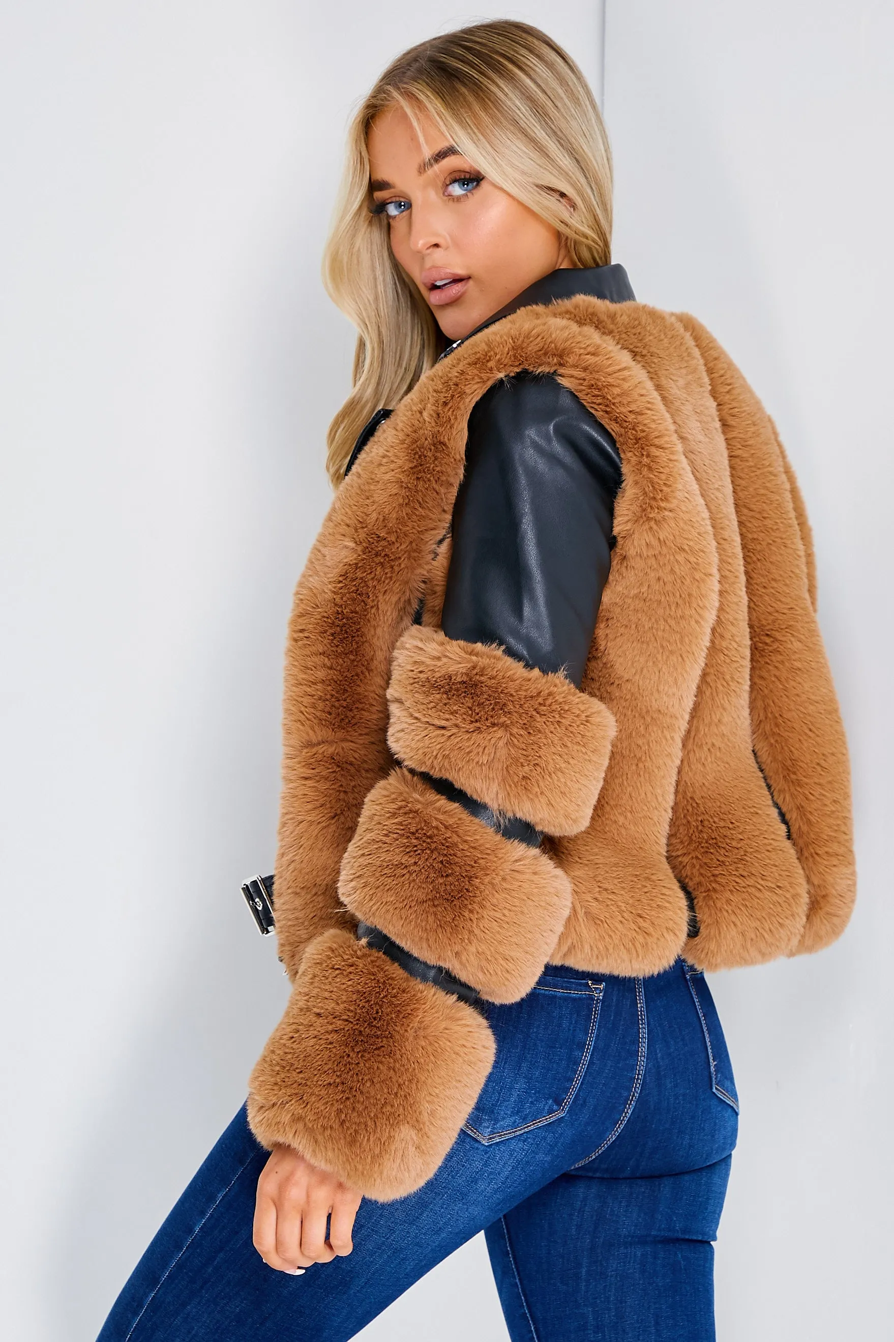 Tegan Black and Camel Faux Fur PU Aviator Jacket