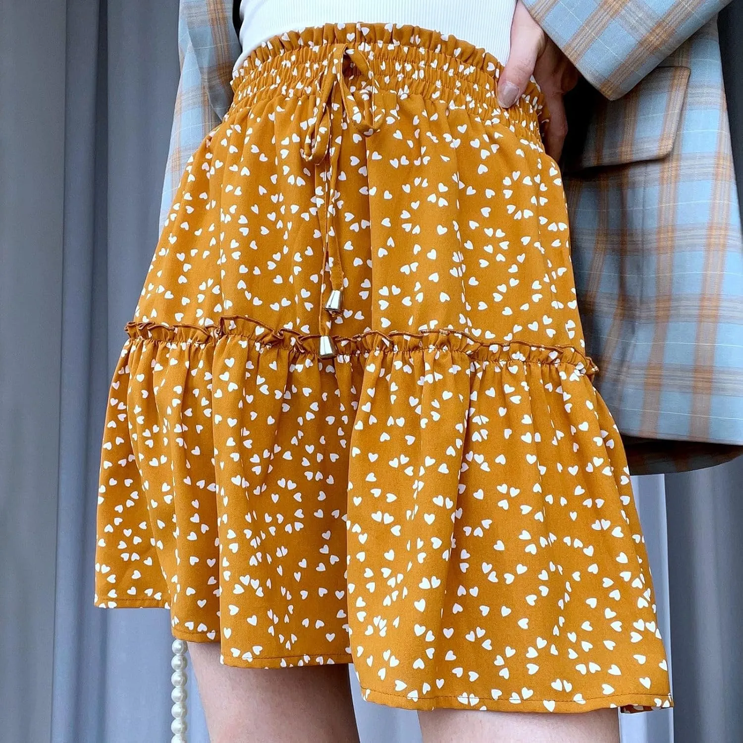 Women Elastic Waist Mini Skirts Floral Printed Pleated Ruffle Hem Flowy A Line Skirt Beach Vacation Skorts