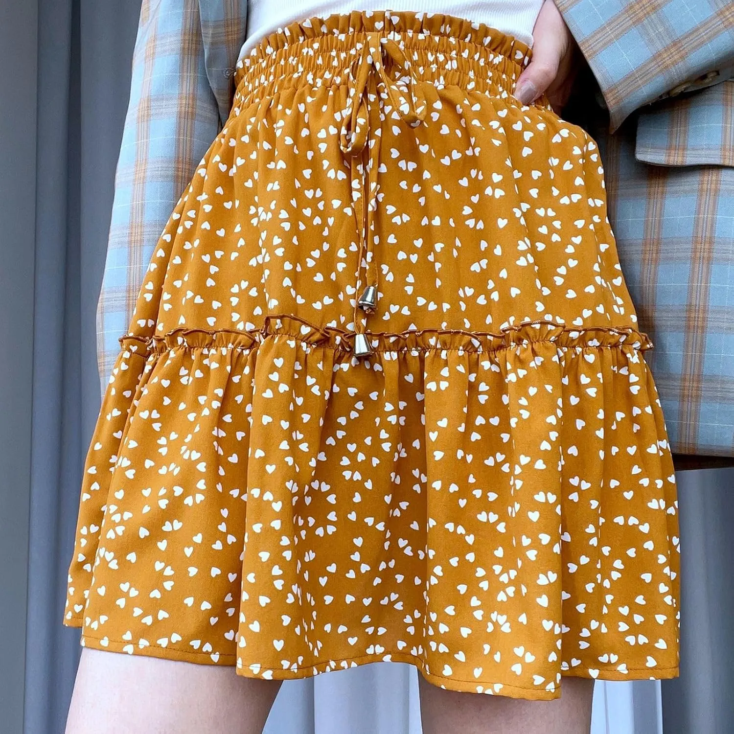 Women Elastic Waist Mini Skirts Floral Printed Pleated Ruffle Hem Flowy A Line Skirt Beach Vacation Skorts
