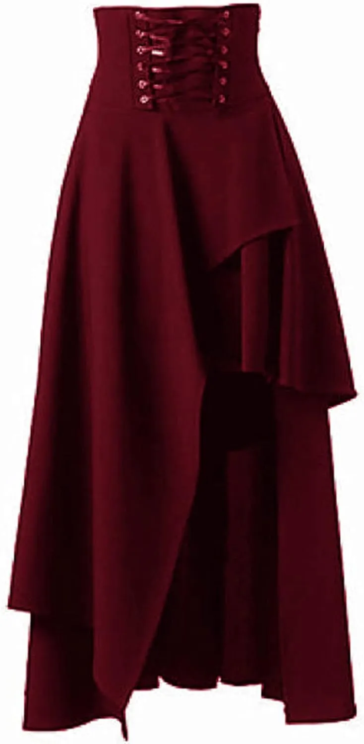 Women Goth Steampunk Skirts High Waisted Irregular High Low Vintage Victorian A Line Midi Pleated Skirt
