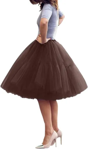 Womens Tulle Skirts Midi Elastic 50s Layered Mesh High Waist Pleated Flowy A-Line Party Long Tutu Skirts