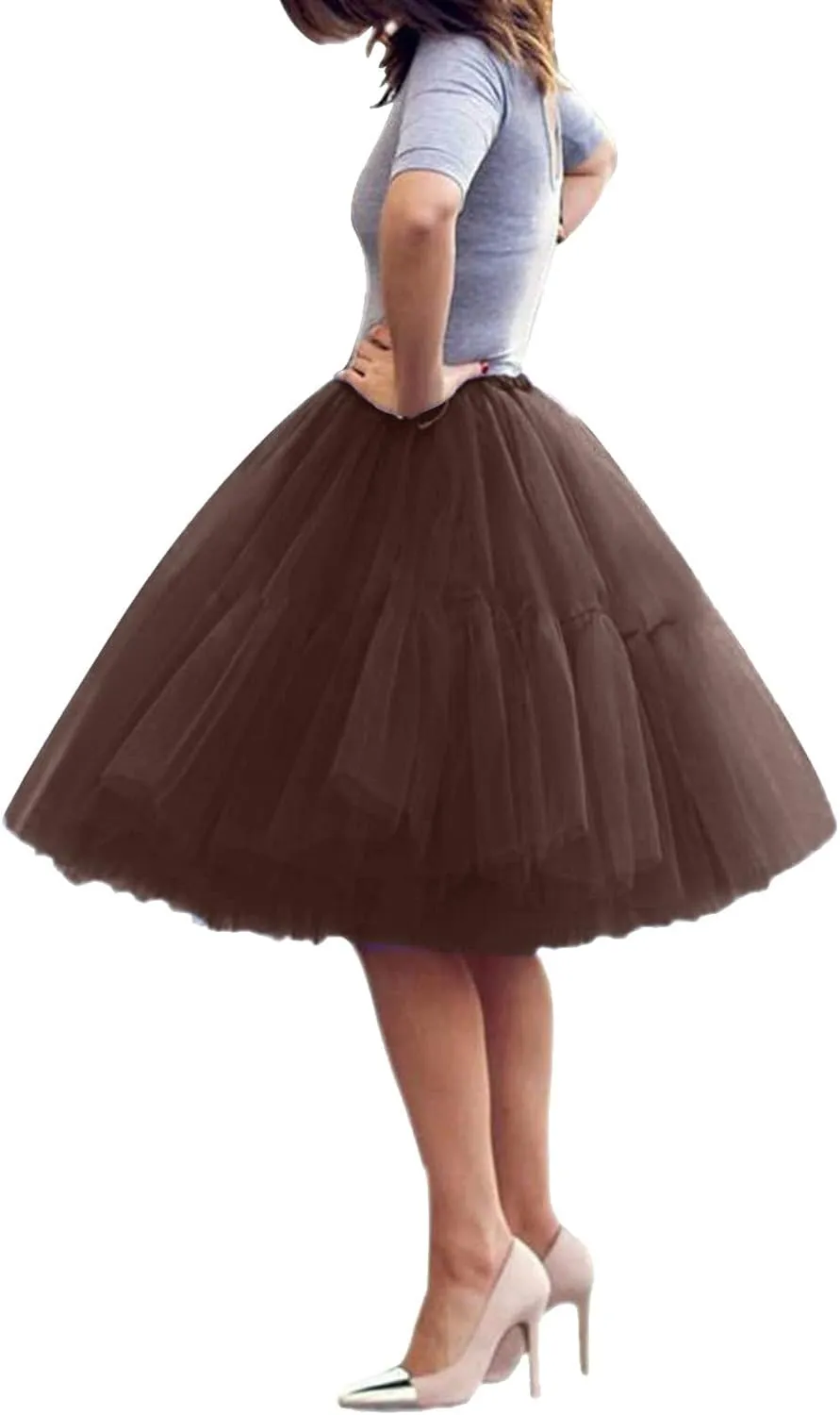 Womens Tulle Skirts Midi Elastic 50s Layered Mesh High Waist Pleated Flowy A-Line Party Long Tutu Skirts